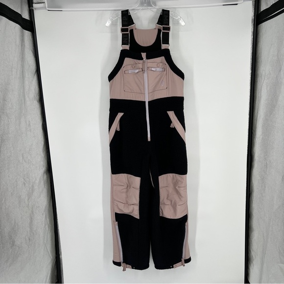 Free People Hit The Slopes Black Purple Sherpa Outdoor Winter Overalls Ski Bib S - Picture 1 of 9